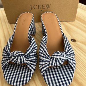 J.Crew Blue and white gingham sandals with low chunk heel.